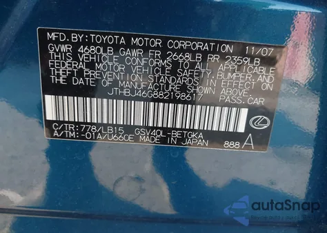 2008 Lexus Es 350 z USA, uszkodzony, nr VIN JTHBJ46G882198617